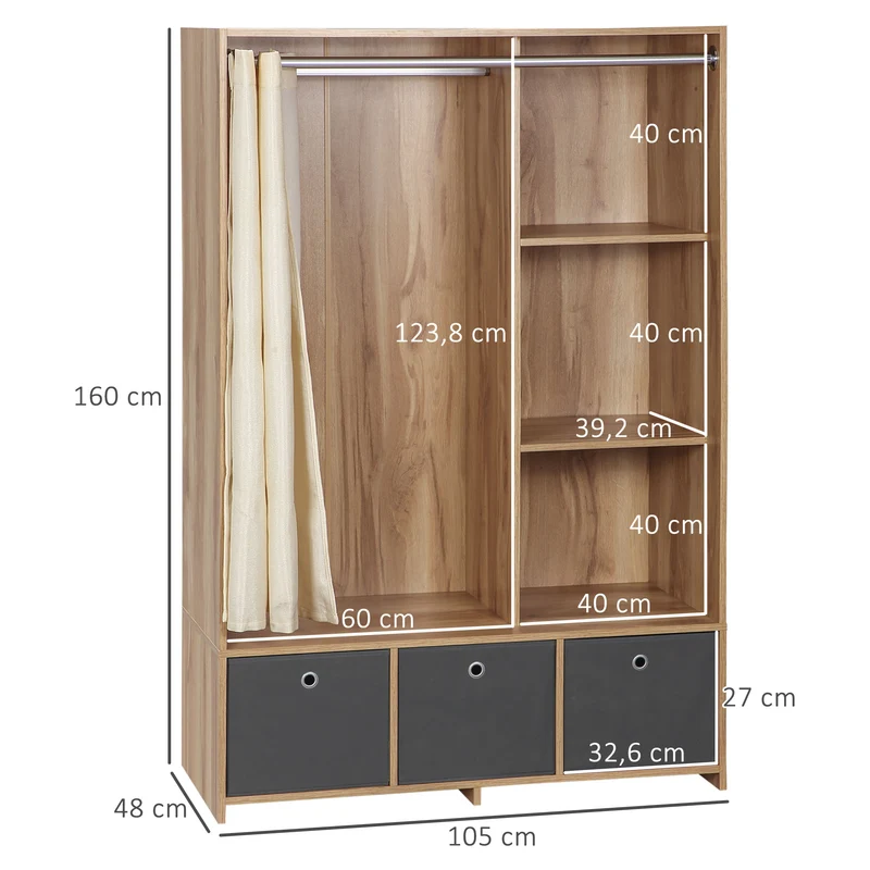 Armoire penderie chambre 105 x 48 x 160 cm grande capacité tringle 3 tiroirs épuré en panneau de particules bois naturel 21_0001521