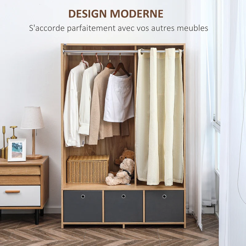 Armoire penderie chambre 105 x 48 x 160 cm grande capacité tringle 3 tiroirs épuré en panneau de particules bois naturel 21_0001521