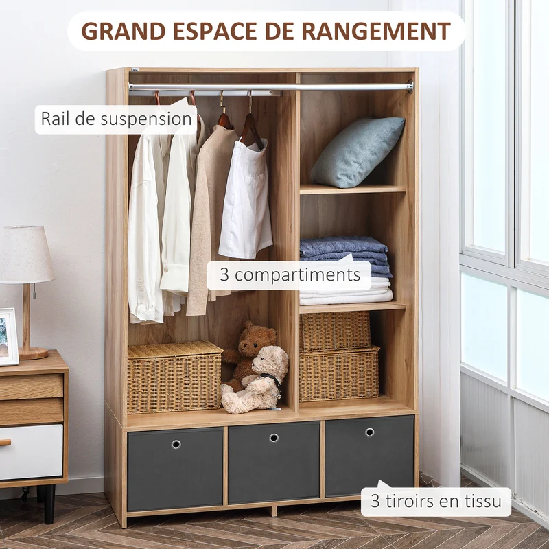 Armoire penderie chambre 105 x 48 x 160 cm grande capacité tringle 3 tiroirs épuré en panneau de particules bois naturel 21_0001521