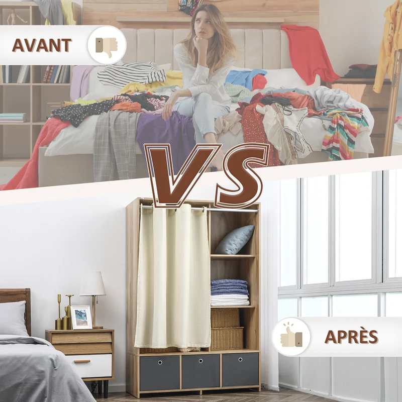 Armoire penderie chambre 105 x 48 x 160 cm grande capacité tringle 3 tiroirs épuré en panneau de particules bois naturel 21_0001521