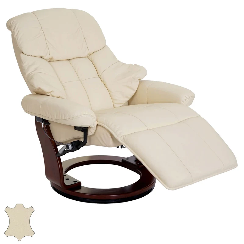 Fauteuil TV relaxation pivotant avec accoudoirs larges en cuir véritable crème cadre aspect en bois noyer 04_0007814