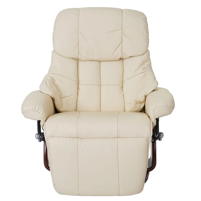 Fauteuil TV relaxation pivotant avec accoudoirs larges en cuir véritable crème cadre aspect en bois noyer 04_0007814