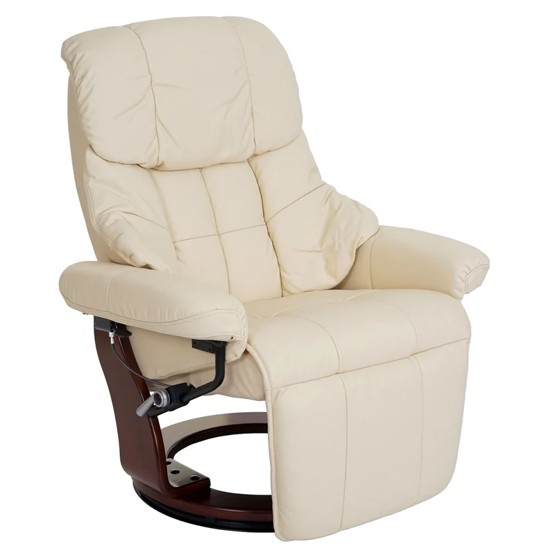 Fauteuil TV relaxation pivotant avec accoudoirs larges en cuir véritable crème cadre aspect en bois noyer 04_0007814
