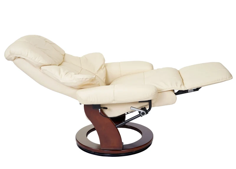 Fauteuil TV relaxation pivotant avec accoudoirs larges en cuir véritable crème cadre aspect en bois noyer 04_0007814