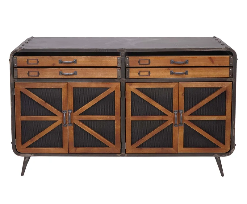 Buffet quatre compartiments de rangement avec porte design industriel bois de sapin et métal 80x126x38 cm marron-noir 04_0005985