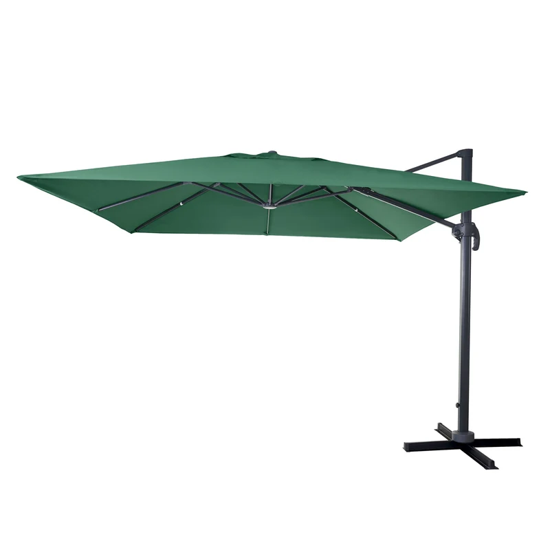 Parasol déporté 3 x 3 m envergure 430 cm inclinable 5 positions rotatif 360 avec manivelle aluminium et polyester couleur vert foncé 04_0011221