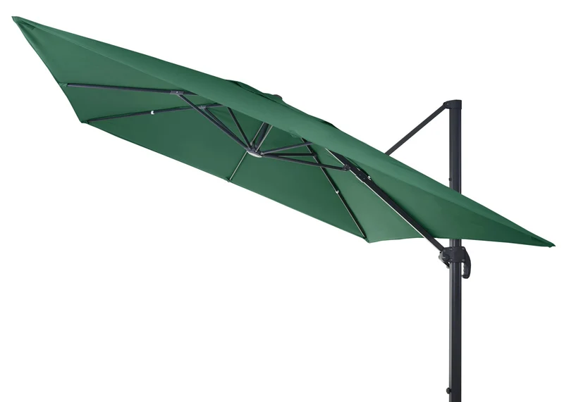 Parasol déporté 3 x 3 m envergure 430 cm inclinable 5 positions rotatif 360 avec manivelle aluminium et polyester couleur vert foncé 04_0011221