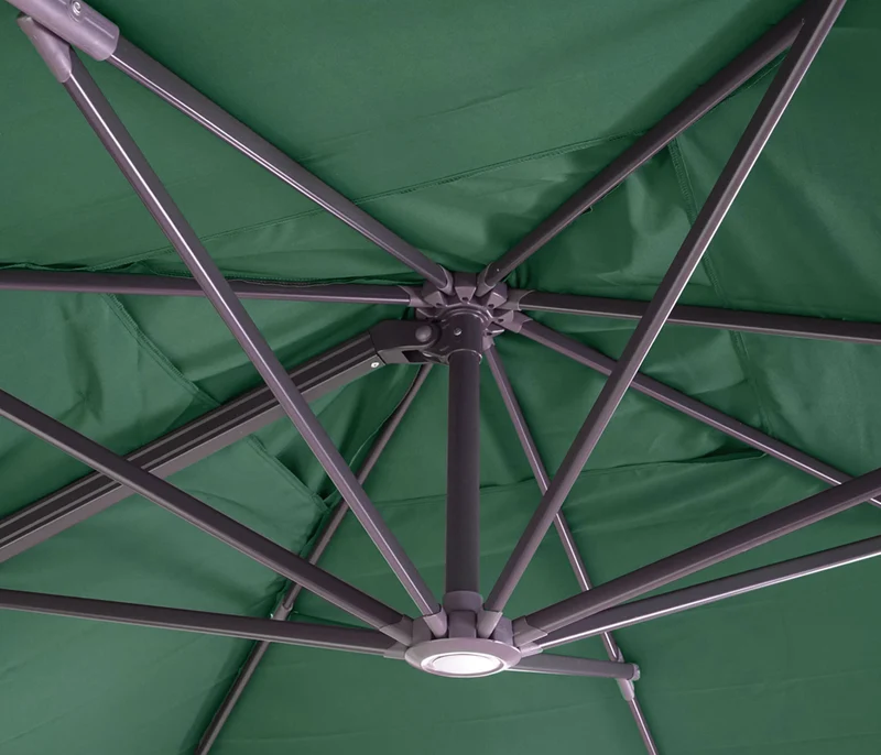 Parasol déporté 3 x 3 m envergure 430 cm inclinable 5 positions rotatif 360 avec manivelle aluminium et polyester couleur vert foncé 04_0011221