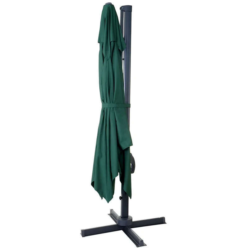 Parasol déporté 3 x 3 m envergure 430 cm inclinable 5 positions rotatif 360 avec manivelle aluminium et polyester couleur vert foncé 04_0011221