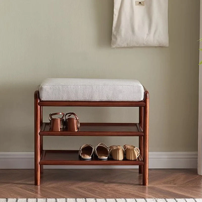 Soft Cushion Seat, 2-Tier Open Shoe Rack Shoe Bench - Chinese Solid Ash Wood Hallway Bench For Changing Shoes, Space-Saving Home Furniture For Entryway