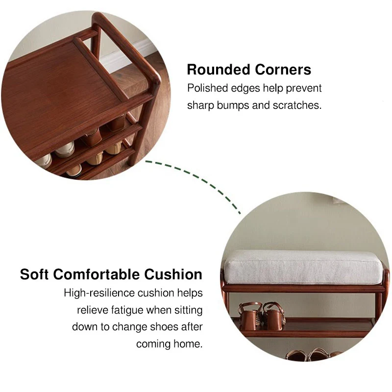 Soft Cushion Seat, 2-Tier Open Shoe Rack Shoe Bench - Chinese Solid Ash Wood Hallway Bench For Changing Shoes, Space-Saving Home Furniture For Entryway
