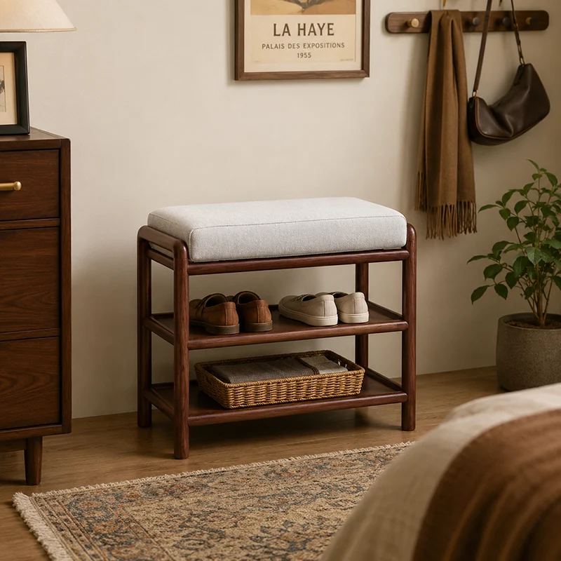 Soft Cushion Seat, 2-Tier Open Shoe Rack Shoe Bench - Chinese Solid Ash Wood Hallway Bench For Changing Shoes, Space-Saving Home Furniture For Entryway