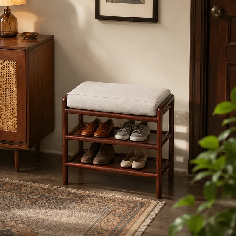 Soft Cushion Seat, 2-Tier Open Shoe Rack Shoe Bench - Chinese Solid Ash Wood Hallway Bench For Changing Shoes, Space-Saving Home Furniture For Entryway