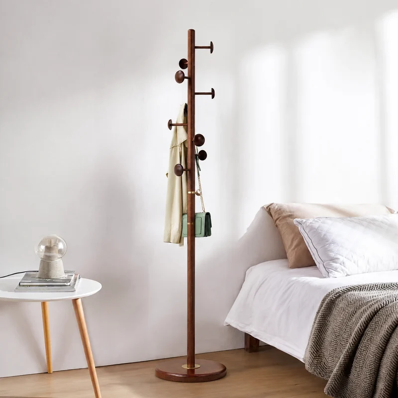 Rubberwood Coat Rack Stand With Multiple Hooks Hall Tree - Chinese Freestanding & Space-Saving Clothes Hanger Storage Rack For Entryway & Bedroom & Living Room