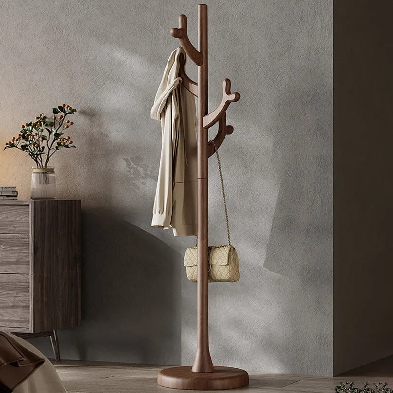 Contemporary Scandinavian Rubberwood Coat Rack Stand With Multiple Hanging Hooks - Stable Round Base Hall Tree For Living Room
