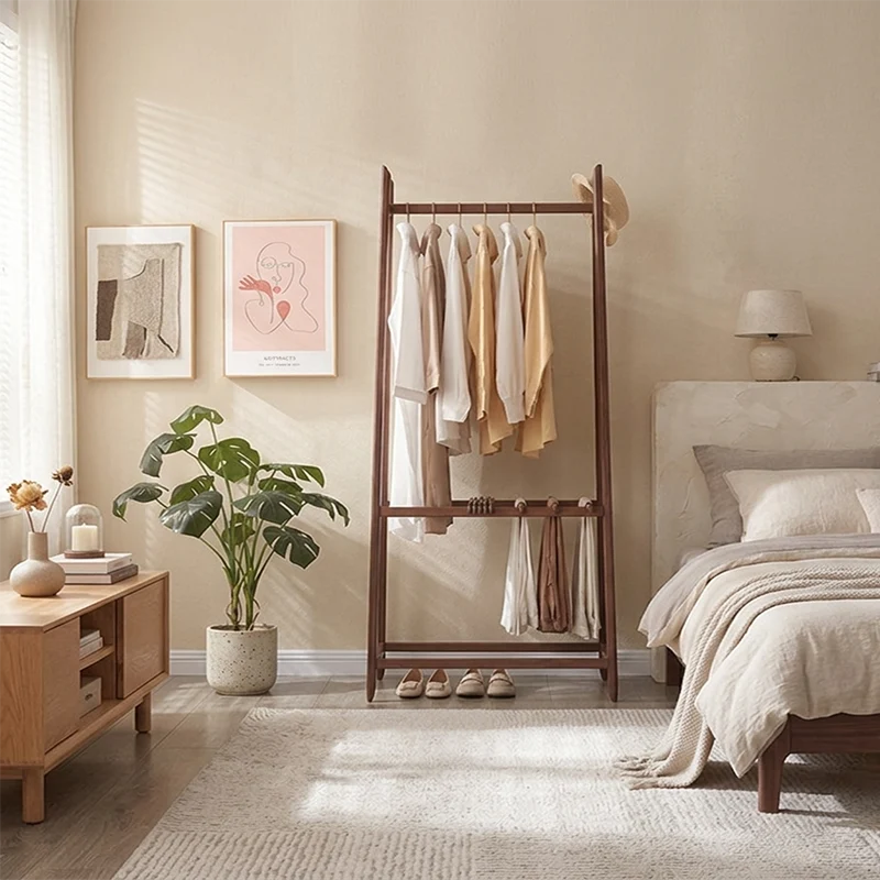 Contemporary Scandinavian Ash Wood Coat Rack Stand With Storage Shelf - Hanging Rod & Side Hooks Hall Tree For Bedroom