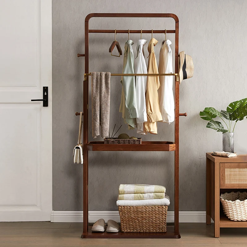Freestanding Clothing Rack With Storage Shelf, Solid Ash Wood Hall Tree - Chinese Garment Organizer With Metal Hanging Rods And Side Hooks For Entryway & Bedroom & Living Room