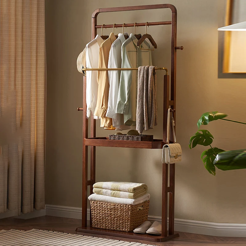 Freestanding Clothing Rack With Storage Shelf, Solid Ash Wood Hall Tree - Chinese Garment Organizer With Metal Hanging Rods And Side Hooks For Entryway & Bedroom & Living Room
