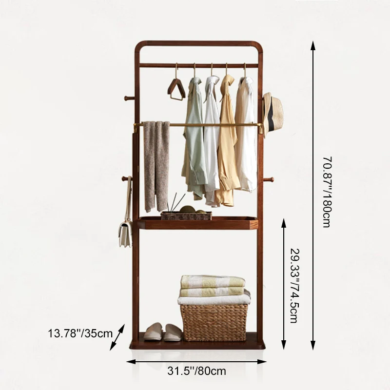 Freestanding Clothing Rack With Storage Shelf, Solid Ash Wood Hall Tree - Chinese Garment Organizer With Metal Hanging Rods And Side Hooks For Entryway & Bedroom & Living Room