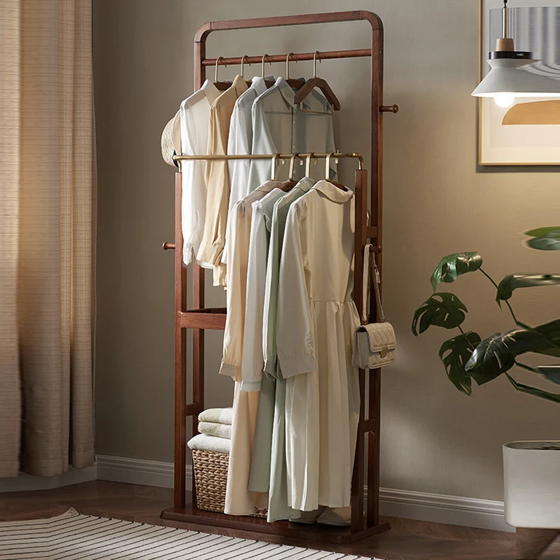 Freestanding Clothing Rack With Storage Shelf, Solid Ash Wood Hall Tree - Chinese Garment Organizer With Metal Hanging Rods And Side Hooks For Entryway & Bedroom & Living Room