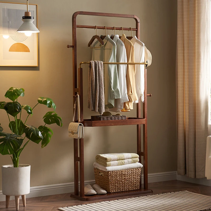 Freestanding Clothing Rack With Storage Shelf, Solid Ash Wood Hall Tree - Chinese Garment Organizer With Metal Hanging Rods And Side Hooks For Entryway & Bedroom & Living Room
