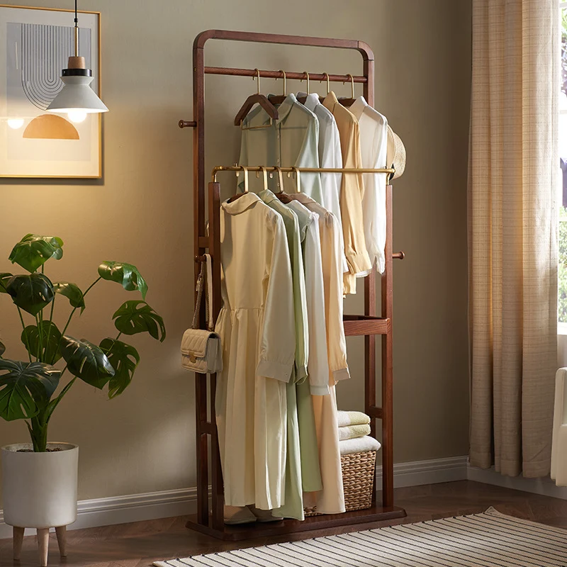 Freestanding Clothing Rack With Storage Shelf, Solid Ash Wood Hall Tree - Chinese Garment Organizer With Metal Hanging Rods And Side Hooks For Entryway & Bedroom & Living Room
