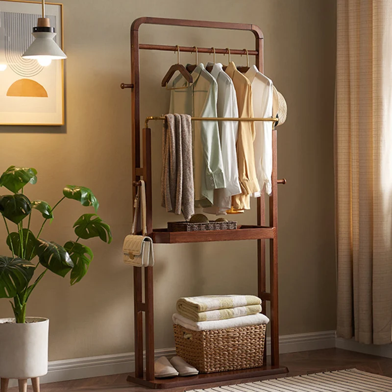 Freestanding Clothing Rack With Storage Shelf, Solid Ash Wood Hall Tree - Chinese Garment Organizer With Metal Hanging Rods And Side Hooks For Entryway & Bedroom & Living Room