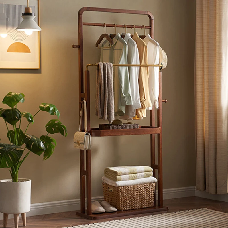 Freestanding Clothing Rack With Storage Shelf, Solid Ash Wood Hall Tree - Chinese Garment Organizer With Metal Hanging Rods And Side Hooks For Entryway & Bedroom & Living Room