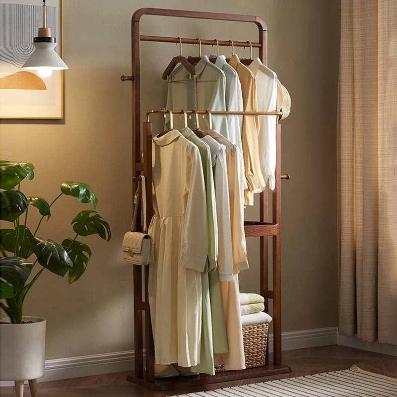Freestanding Clothing Rack With Storage Shelf, Solid Ash Wood Hall Tree - Chinese Garment Organizer With Metal Hanging Rods And Side Hooks For Entryway & Bedroom & Living Room