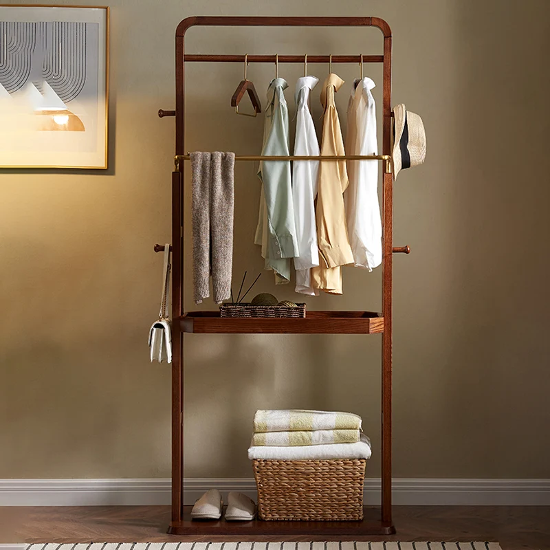 Freestanding Clothing Rack With Storage Shelf, Solid Ash Wood Hall Tree - Chinese Garment Organizer With Metal Hanging Rods And Side Hooks For Entryway & Bedroom & Living Room