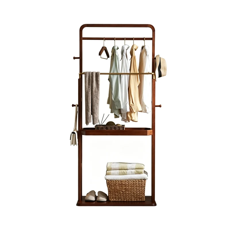 Freestanding Clothing Rack With Storage Shelf, Solid Ash Wood Hall Tree - Chinese Garment Organizer With Metal Hanging Rods And Side Hooks For Entryway & Bedroom & Living Room