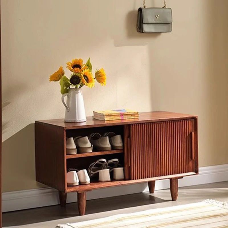 Solid Ash Wood Sliding Door Storage Cabinet Shoe Bench - Chinese Shoe Rack Bench, 2-Tier Large Capacity Wooden Shoe Organizer For Entryway
