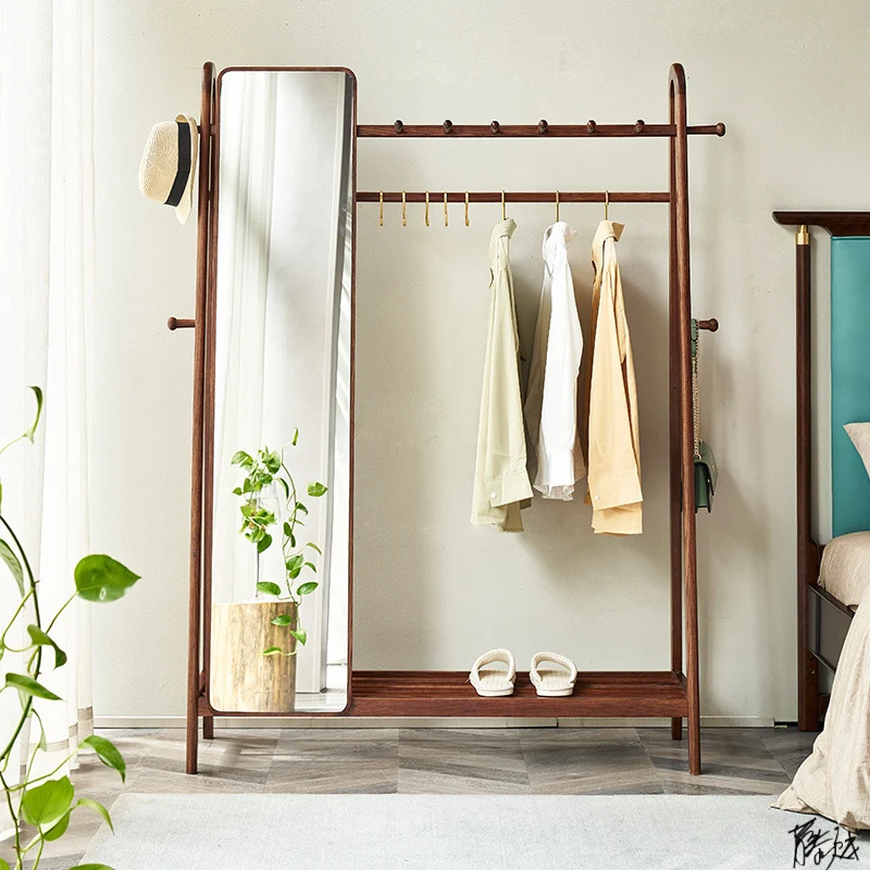 Modern Minimalist Solid Ash Wood Hall Tree With Full-Length Mirror - Freestanding Coat Rack With Hanging Rod & Storage Shelf