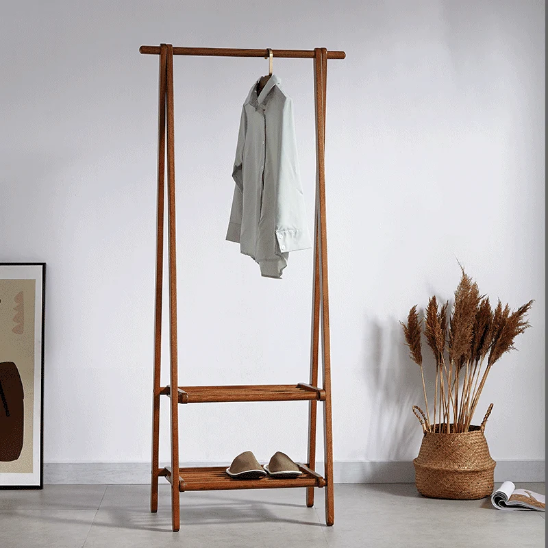 Modern Minimalist Foldable Solid Ash Wood Garment Rack With 2 Storage Shelves - Freestanding Clothes Rack