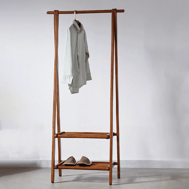 Modern Minimalist Foldable Solid Ash Wood Garment Rack With 2 Storage Shelves - Freestanding Clothes Rack