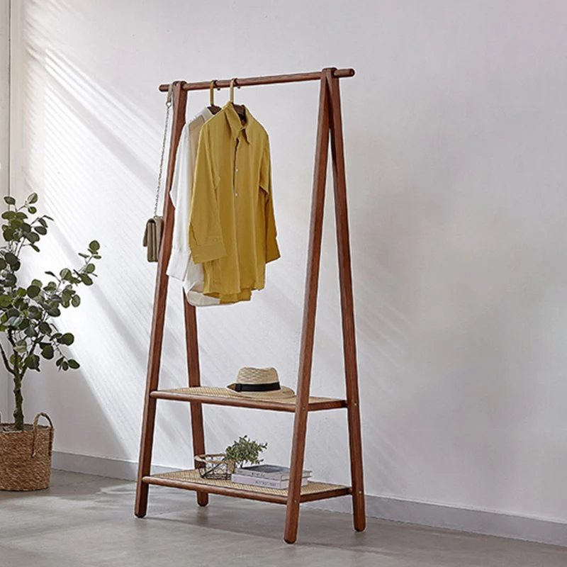 Contemporary Scandinavian Solid Wood Coat Rack - Freestanding Clothing Rack With 2 Rattan Weaving Storage Shelves