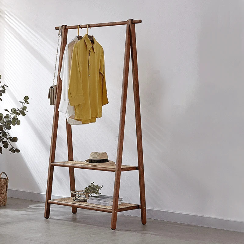 Contemporary Scandinavian Solid Wood Coat Rack - Freestanding Clothing Rack With 2 Rattan Weaving Storage Shelves