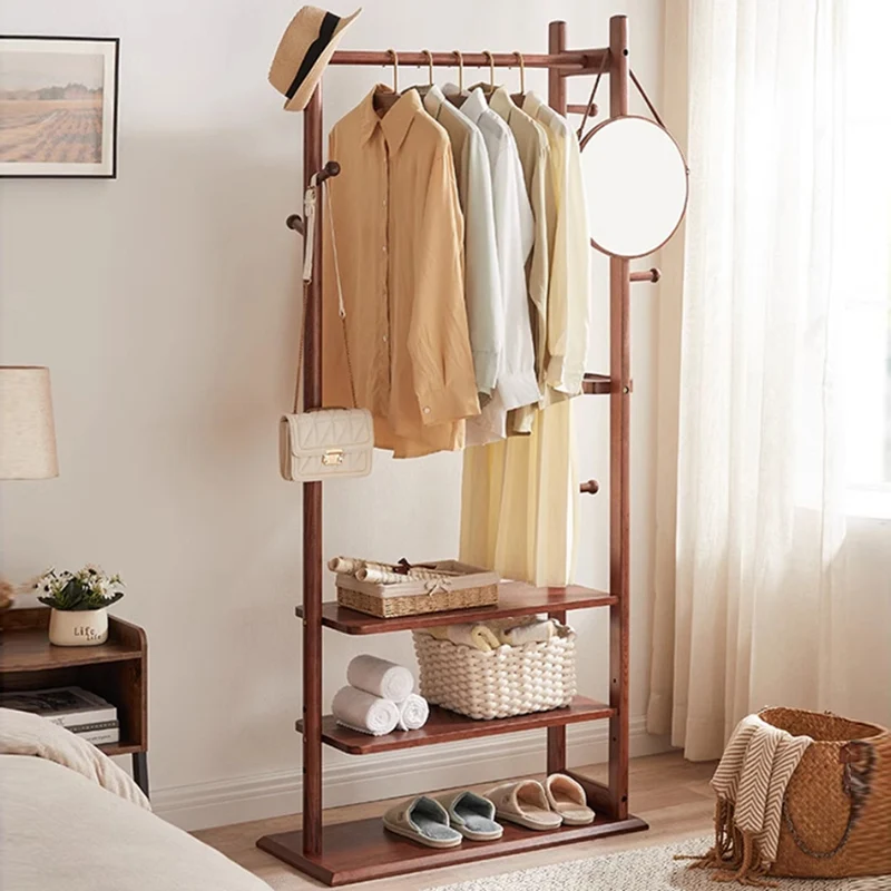 Scandinavian Inspired Wooden Coat Rack With Storage Shelves - Elegant Solid Wood & Plywood Entryway Organizer Bedroom Storage For Clothes Bags And Accessories