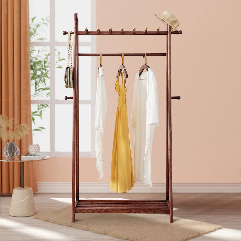 Traditional Wooden Coat Rack Stand - Solid Ash Wood Hall Tree With Storage Shelf & Brass Hooks