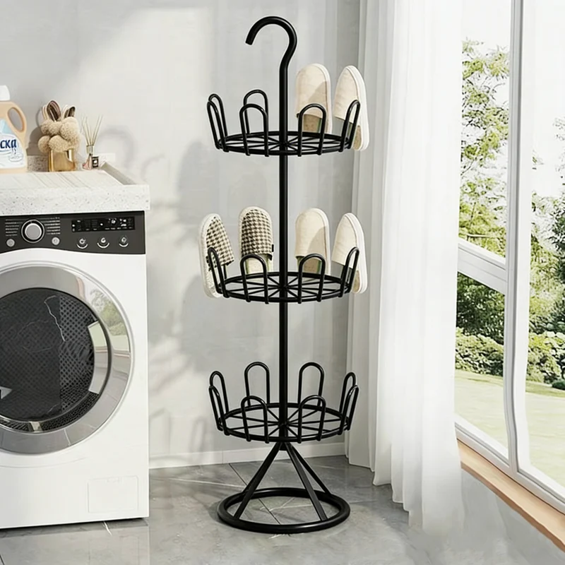 Modern Minimalist Carbon Steel Round Swivel Shoe Storage Rack 2/3-Tier For Balcony & Living Room