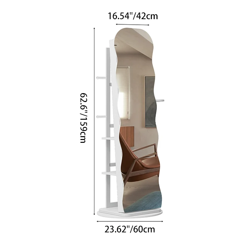 Modern Minimalist MDF Glass Round Wave-Shaped Full-Length Floor Mirror LED Lighting & Hidden Storage For Bedroom & Living Room