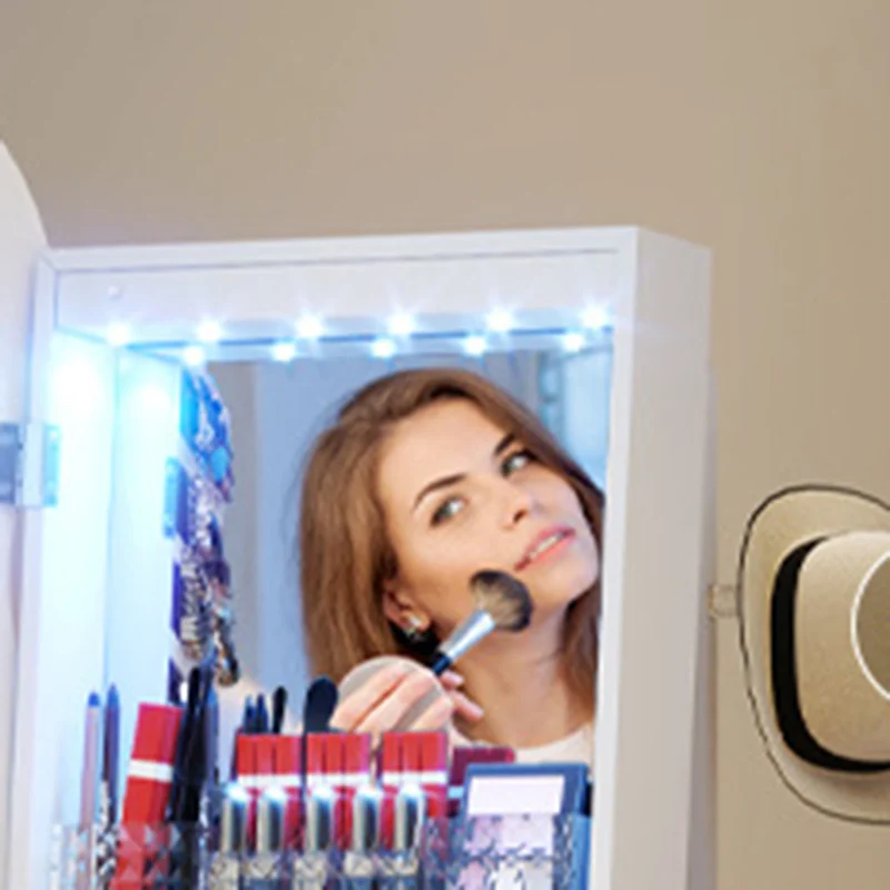 Modern Minimalist MDF Glass Round Wave-Shaped Full-Length Floor Mirror LED Lighting & Hidden Storage For Bedroom & Living Room
