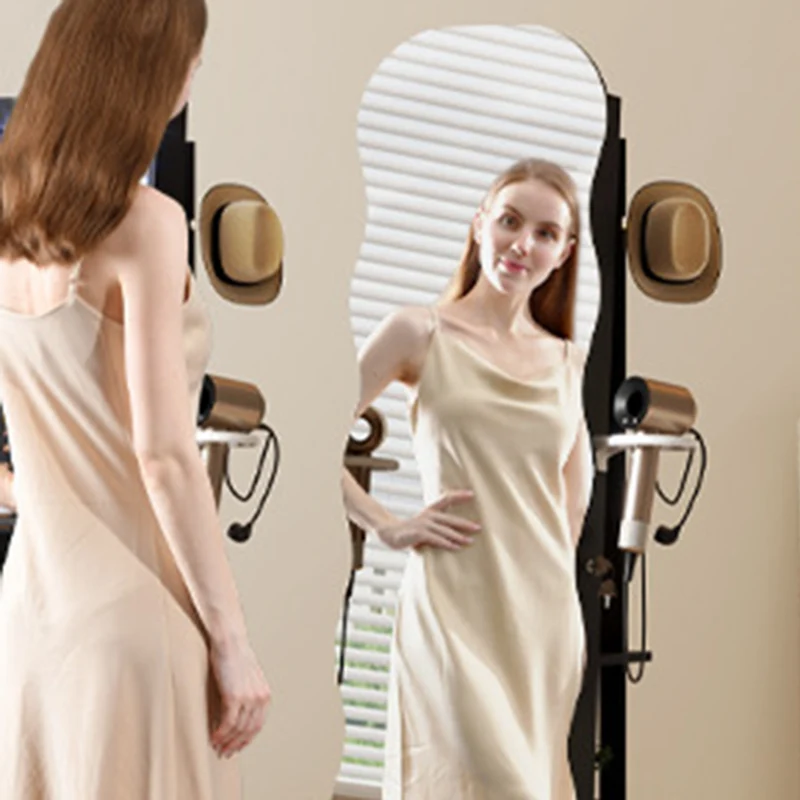 Modern Minimalist MDF Glass Round Wave-Shaped Full-Length Floor Mirror LED Lighting & Hidden Storage For Bedroom & Living Room