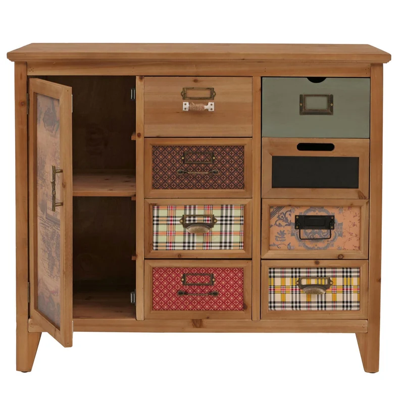 Commode style apothicaire meuble de rangement avec tiroirs et porte style vintage shabby 80 x 91 x 40 cm en bois finition naturelle 04_0009117