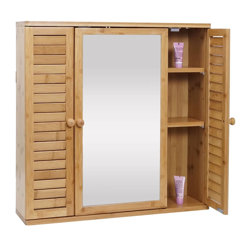 Armoire meuble mural de salle de bain avec miroir 3 étagères 3 portes en bambou 60x60x15 cm 04_0005765