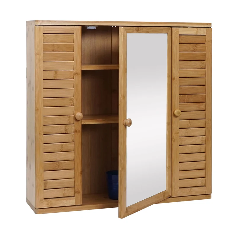 Armoire meuble mural de salle de bain avec miroir 3 étagères 3 portes en bambou 60x60x15 cm 04_0005765