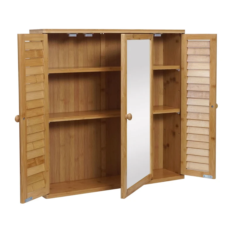 Armoire meuble mural de salle de bain avec miroir 3 étagères 3 portes en bambou 60x60x15 cm 04_0005765