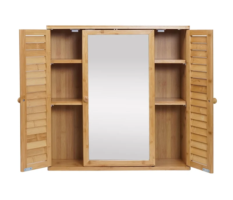Armoire meuble mural de salle de bain avec miroir 3 étagères 3 portes en bambou 60x60x15 cm 04_0005765