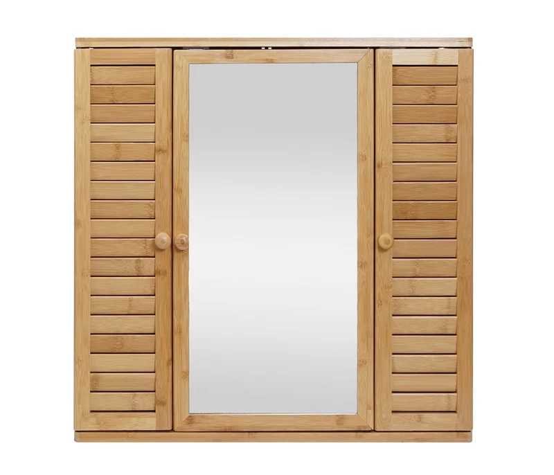 Armoire meuble mural de salle de bain avec miroir 3 étagères 3 portes en bambou 60x60x15 cm 04_0005765