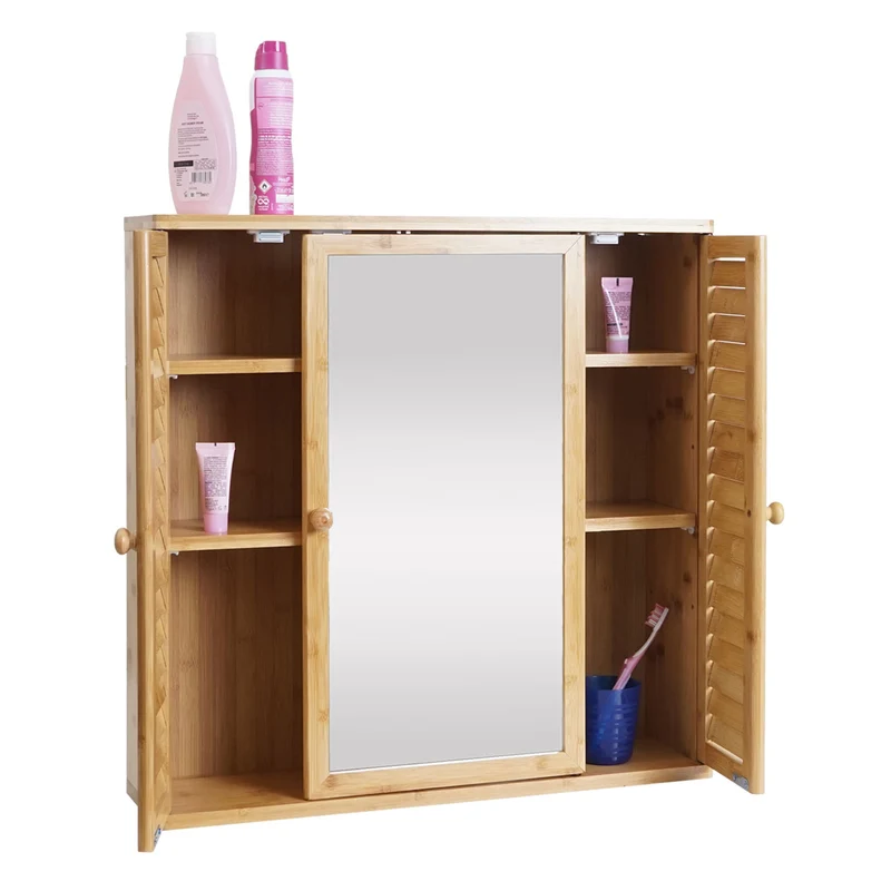 Armoire meuble mural de salle de bain avec miroir 3 étagères 3 portes en bambou 60x60x15 cm 04_0005765